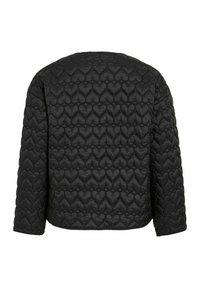 Juoda siuvinėta striukė su širdies formos raštu, ilgi rankoviai ir laisvas siluetas, su lygiu, šiek tiek blizgiu paviršiumi.