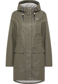 Olive zelený nepromokavý plášť s kapucí, přední zapínání na cvočky, dvě velké klopové kapsy a nastavitelné šňůrky s dřevěnými korálky.
