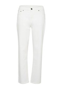 Vaqueros de denim blanco con un diseño de pierna recta, cinco bolsillos y herrajes de botón de metal. Textura suave y estilo minimalista.