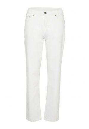 Jeans din denim alb cu un design drept, cinci buzunare și accesorii din metal. Textură netedă și stil minimalist.