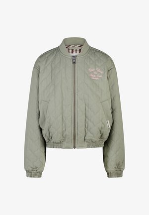 Light green quilted bomber jacket with front zipper, elastic cuffs and hem, side pockets, and pink embroidered "New York 1980 Athletic Dept" text.