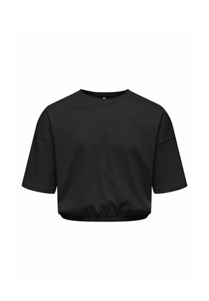 T-shirt nera a maniche corte corta con scollo rotondo e orlo elastico, mostrata su sfondo bianco.