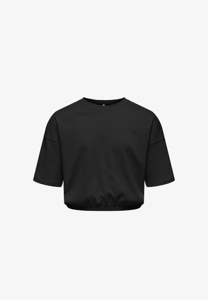 T-shirt nera a maniche corte corta con scollo rotondo e orlo elastico, mostrata su sfondo bianco.