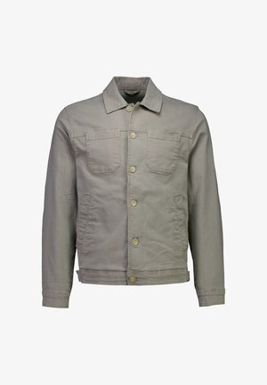 Chaqueta de denim gris claro con cierre de botones, dos bolsillos en el pecho y bolsillos laterales. Cuenta con un cuello clásico y tela texturizada.