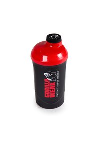 Zwarte shakerfles met een glanzend rode deksel. Bevat een logo in witte en rode tekst. Glad oppervlak met een afgeronde vorm.
