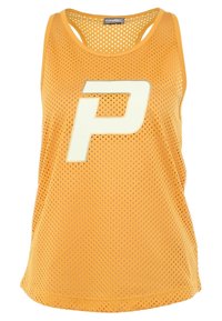 Pomarańczowy bezrękawnik sportowy z siateczki z dużą białą stylizowaną literą "P" z przodu.