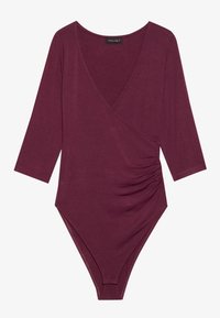 Burgundy long-sleeve bodysuit with a v-neckline, gathered detail at the side, and a fitted, smooth texture. Made from a soft material.