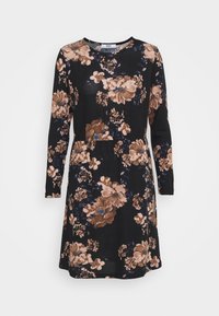 Czarna sukienka z długimi rękawami, ozdobiona kwiatowym wzorem w odcieniach beżu i niebieskiego. Wykonana z miękkiego materiału, z dopasowaną talią i rozkloszowanym dołem.