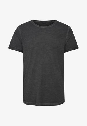 Mørkegrå crew-neck t-shirt lavet af blødt materiale, med korte ærmer og markante syninger langs kanten og ærmerne.