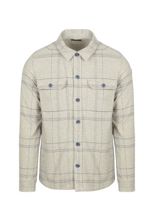 Beige langetermijn overhemdjack met blauw geruit patroon, knopen aan de voorkant, twee borstzakken met klep en een kraag.