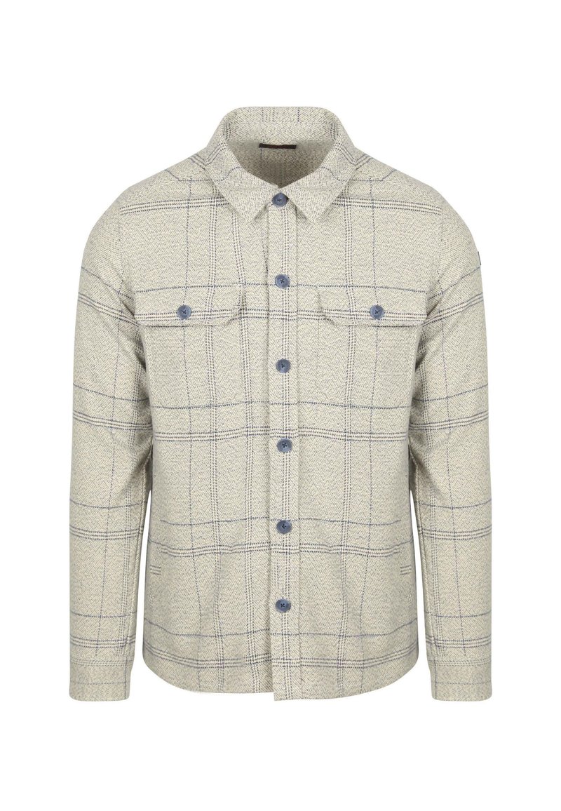 Beige langetermijn overhemdjack met blauw geruit patroon, knopen aan de voorkant, twee borstzakken met klep en een kraag.