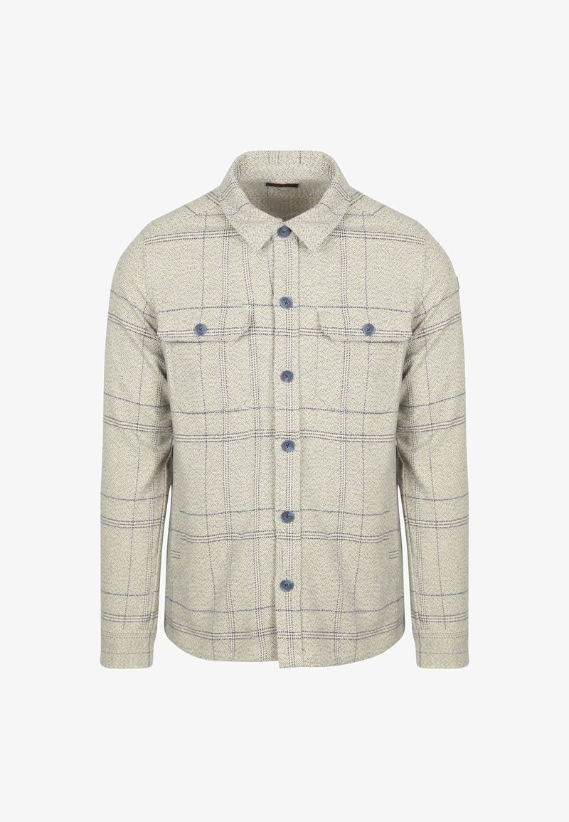 Beige langetermijn overhemdjack met blauw geruit patroon, knopen aan de voorkant, twee borstzakken met klep en een kraag.