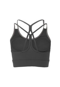 Zwarte sportbeha met een zachte textuur, voorzien van een racerback ontwerp en meerdere overlappende banden aan de achterkant. Geen merkbare patronen of accenten.