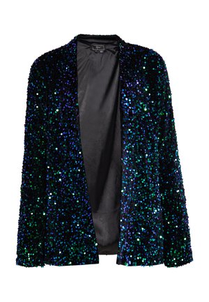 Zwarte blazer bedekt met blauwe en groene pailletten, ontwerp met open voorkant, lange mouwen, gladde binnenvoering, zonder sluitingen of accenten.