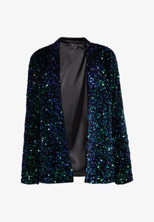 Blazer negro cubierto de lentejuelas azules y verdes, diseño de frente abierto, mangas largas, forro interior suave, sin cierres ni acentos.