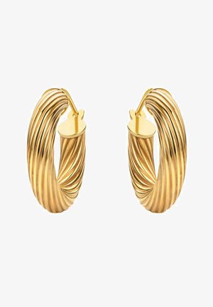 Boucles d'oreilles en or avec une texture en spirale et une finition polie. Dotées d'une fermeture à charnière et d'une forme large et arrondie.