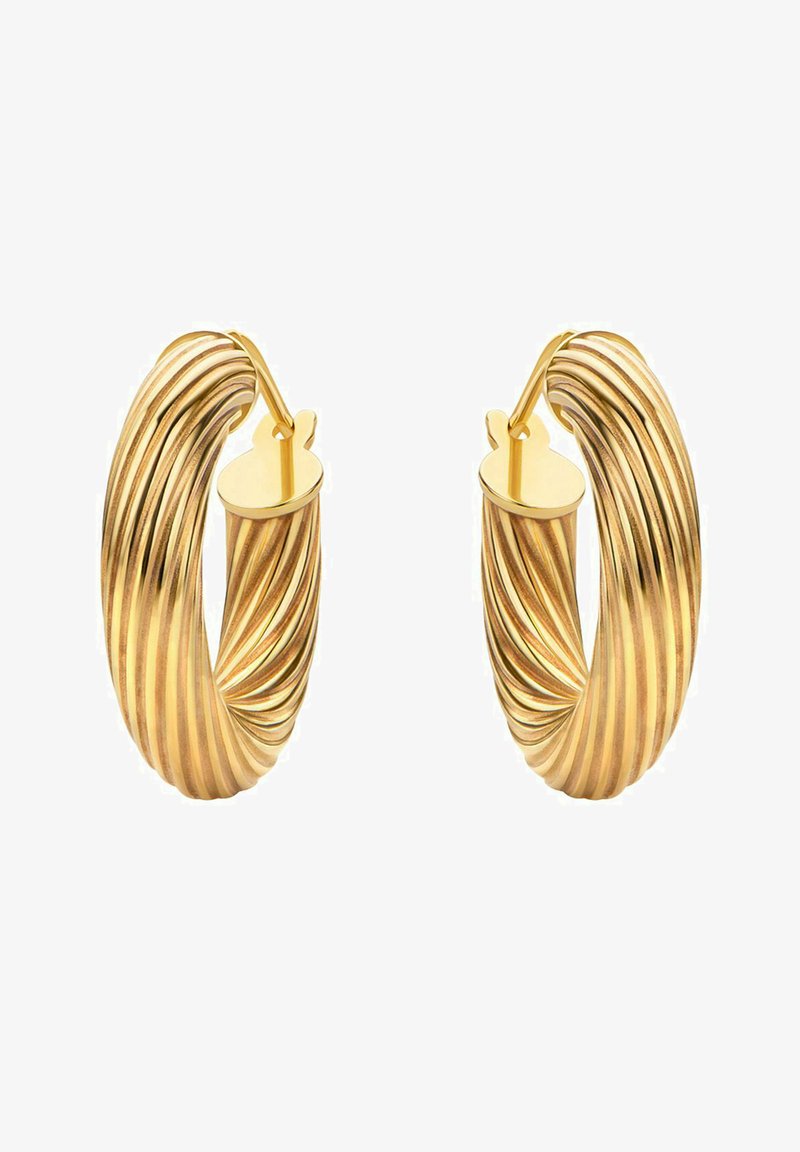 Kuldtoonilised rõngaste kõrvarõngad, millel on spiraalne tekstuur ja läikiv viimistlus. Omavad hingedega sulgemist ja lai, ümar kuju.