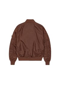 Καφέ bomber μπουφάν με ribbed γιακά, μανσέτες και στρίφωμα, εμφανίζεται από πίσω σε λευκό φόντο.