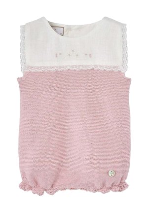 Tutina per neonati senza maniche con corpo in maglia rosa, giogaia con rifiniture in pizzo bianco, piccolo ricamo floreale e orlo arricciato.