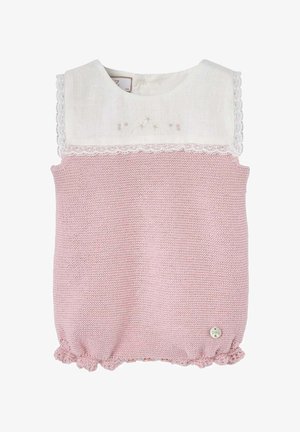 Barboteuse bébé sans manches avec corps en tricot rose, empiècement orné de dentelle blanche, petite broderie florale et ourlet volanté.