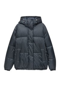 Mørkegrå pufferjakke med hætte, med et quiltet design, elastiske manchetter og forlommer. Lavet af skinnende, vandafvisende stof.