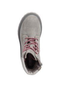 Gray suede ankle boot with pink laces, round toe, rubber sole, and a zipper on the side. Soft lining visible inside opening.