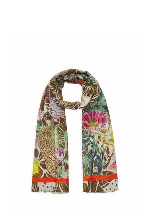 Lightweight scarf with tropical floral and leopard print, featuring pink, yellow, green, and brown tones with orange border stripes.