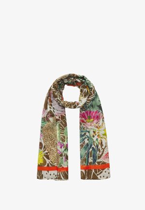 Leichter Schal mit tropischem Blumen- und Leopardenmuster in Pink-, Gelb-, Grün- und Brauntönen mit orangefarbenen Bordürenstreifen.