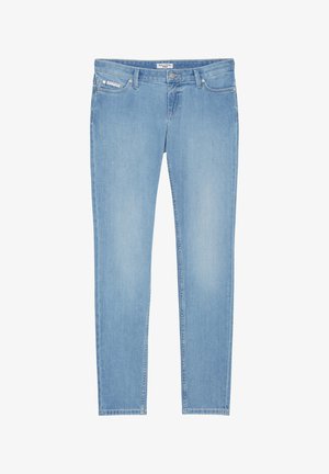 Lyseblå denim skinny jeans med fem lommer, lynlås med knap og subtilt slid for ekstra detaljer.