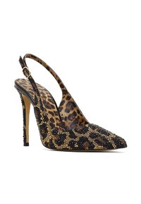 Slingback-Pumps mit spitzer Zehe. Schwarz-goldenes Perlenmuster auf leopardenmusterigem Stoff. Schlanker Stiletto-Absatz und Fesselriemen.