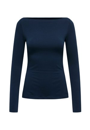 Long-sleeve top in dark navy, featuring a wide neckline and a fitted design. Made from soft, stretchy fabric with a smooth texture.