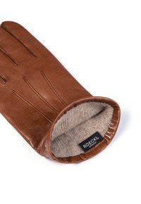 Braunlederhandschuh mit glatter Außenseite, strukturierten Linien und einem weichen Wollfutter. Mit sichtbarem Markenschild "ROECKL".