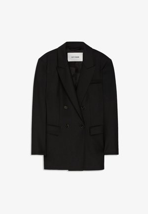 Zwarte double-breasted blazer van glanzende stof, met een gesneden kraag, twee voorkruiken en een borstzak met een strakke uitstraling.