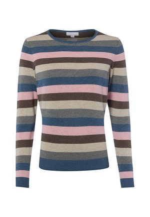 Langärmeliger Strickpullover mit horizontalen Streifen in Blau, Pink, Braun, Grau und Beige mit rundem Halsausschnitt.