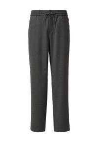 Graue, schmal zulaufende Hosen aus weichem, strukturiertem Stoff. Sie verfügen über einen elastischen Bund mit Zugband, seitliche Taschen und ein gerades Bein-Design.