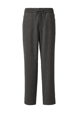 Graue, schmal zulaufende Hosen aus weichem, strukturiertem Stoff. Sie verfügen über einen elastischen Bund mit Zugband, seitliche Taschen und ein gerades Bein-Design.
