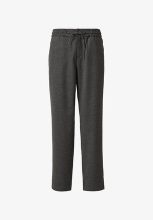 Gray tapered pants made from soft, textured fabric. Features an elastic waistband with drawstring, side pockets, and a straight-leg design.