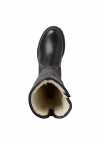 Botte en cuir noire avec un col en feutre gris, dotée d'une doublure blanche douce et d'un détail de couture le long du bord supérieur.