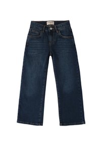 Jeans de mezclilla azul oscuro de corte holgado, con piernas rectas y diseño de cinco bolsillos. Presentan detalles de costura y una etiqueta de marca en la cinturilla.