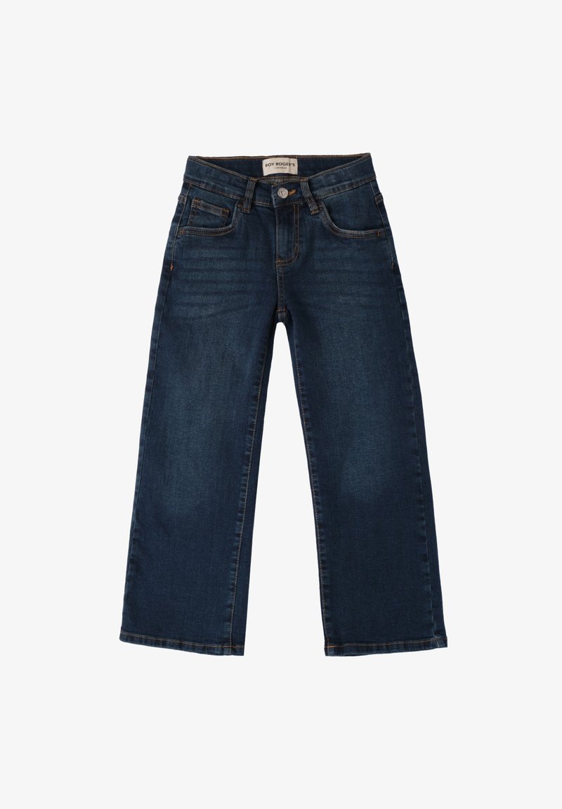 Jeans de mezclilla azul oscuro de corte holgado, con piernas rectas y diseño de cinco bolsillos. Presentan detalles de costura y una etiqueta de marca en la cinturilla.