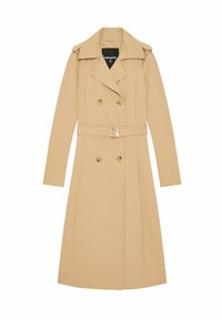 Gabardina beige cruzada con cinturón, hebilla plateada, hombreras y mangas largas. Tela lisa con corte hasta la rodilla.