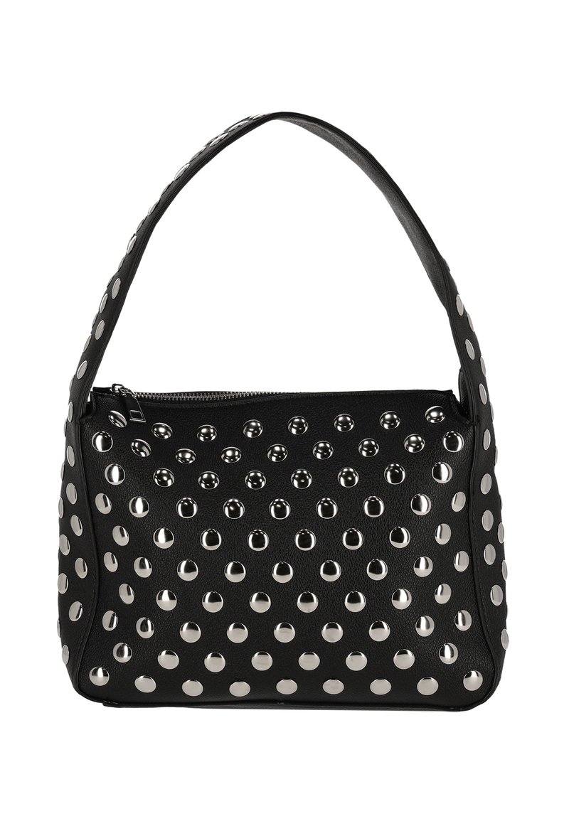 Schwarze Lederhandtasche mit abgerundeter Form, verziert mit silbernen Metallnieten auf der Vorderseite und einem einzelnen Schulterriemen.