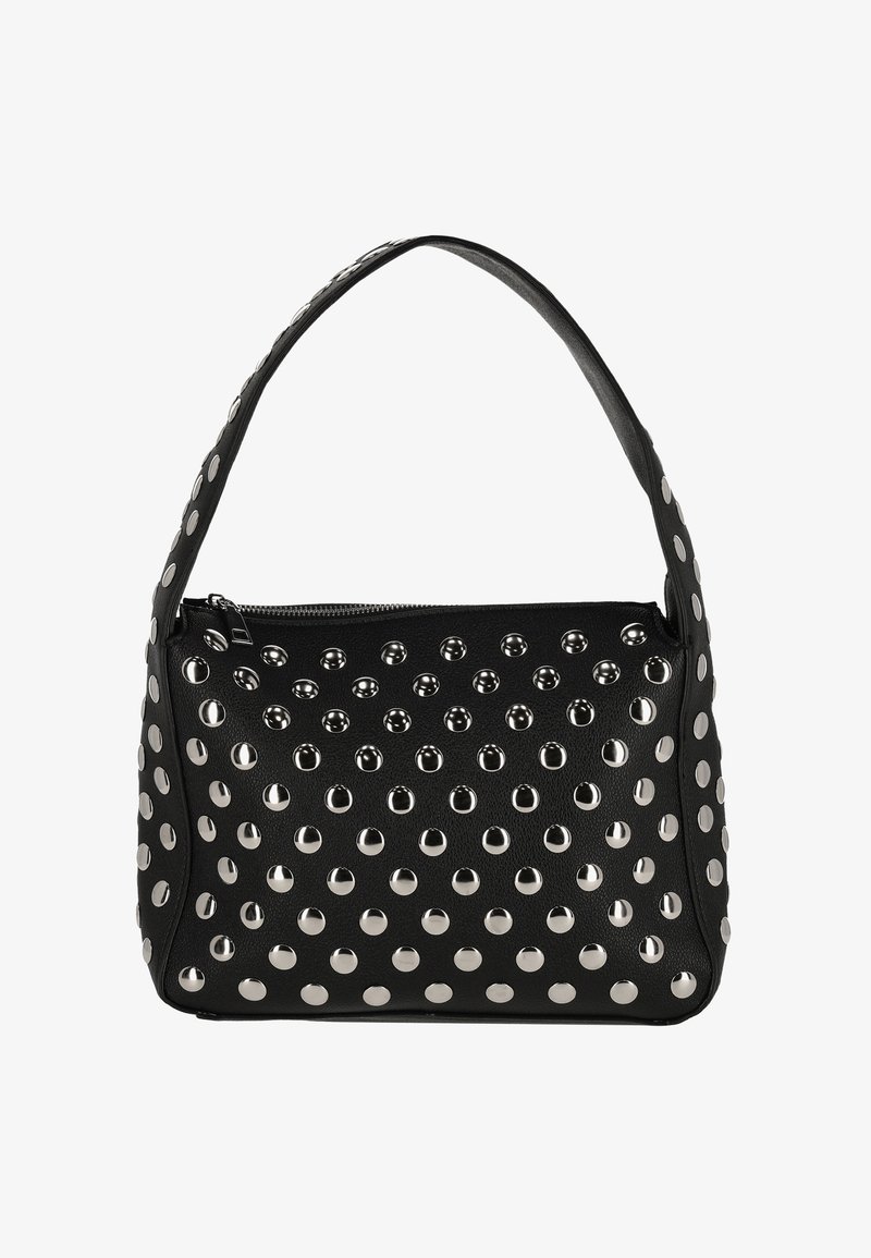 Schwarze Lederhandtasche mit abgerundeter Form, verziert mit silbernen Metallnieten auf der Vorderseite und einem einzelnen Schulterriemen.