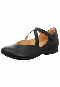 Schwarze Lederflats mit runder Zehenform und T-Riemen-Design. Glatte Textur, minimalistischer Stil und niedriger Absatz für Komfort.
