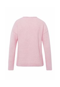 Rosa gestrickter Pullover mit langen Ärmeln, der einen strukturierten Stoff und einen runden Ausschnitt aufweist. Entworfen für einen lockeren Sitz mit geradem Rücken.