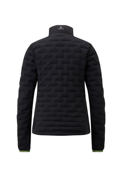 Sort isoleret jakke med quiltet tekstur, høj krave og grøn detalje på ærmerne, som har et minimalistisk design og letvægtsmateriale.