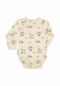 Krämfärgad långärmad babydräkt med ett mönster av lekfulla pandor på bambugrenar och spridda gröna blad.