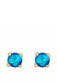 Boucles d'oreilles rondes avec des pierres d'opale bleu vif serties dans un métal doré, présentant un sertissage à griffes et une finition polie.