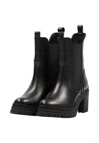 Botine negre din piele cu toc gros, panouri elastice laterale și tab-uri de tragere pe un fundal alb.