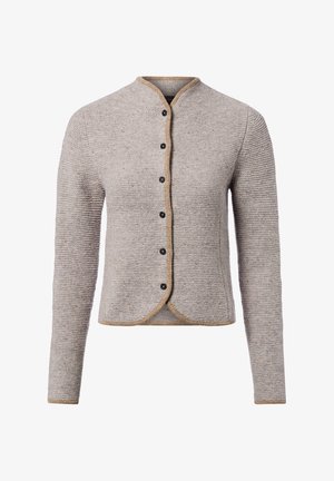 Hellgrauer, gestrickter Cardigan mit rundem Halsausschnitt, schwarzen Knöpfen und kontrastierendem beigen Besatz. Verfügt über ein strukturiertes Muster über die gesamte Fläche.